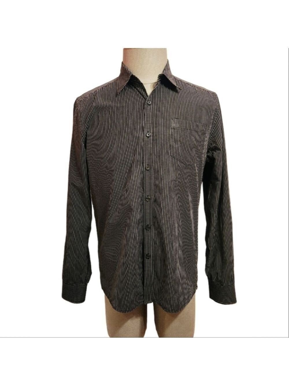 Kenneth Cole Dress Shirt Large Black White Stripe Cotton